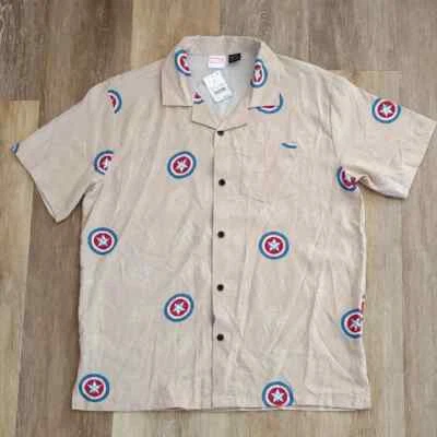 NWT Marvel Captain America Men's 100% Rayon Button Down Shirt Khaki Size M - Image 1 of 4