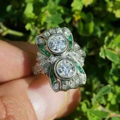 Retro Filigree Old Mine Cut Simulated Sapphires & Emeralds & 935 Silver Ring - Image 1 of 4