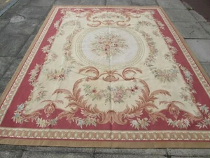 Vintage Hand Made French Design Wool Red Pink Brown Original Aubusson 306X243cm - Picture 1 of 12