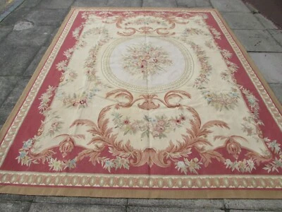 Vintage Hand Made French Design Wool Red Pink Brown Original Aubusson 306X243cm - Image 1 of 4