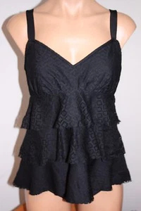 NWT Swim Solutions Swimsuit  Bikini Tankini 2 pc set Sz 10 Black Ruffle Crochet - Picture 1 of 5