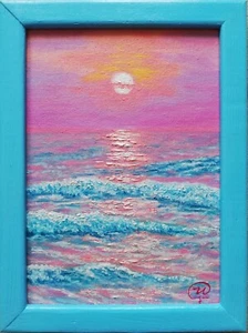 Meereslandschaft Original Ölgemälde gerahmt - Impressionismus Kunstwerk 8x6" - Sonnenuntergang - Bild 1 von 11