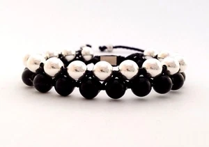 Hombre Ónice Negro Plata de Ley 925 Doble Capa Cuentas Puño Pulsera Ajustable - Imagen 1 de 2