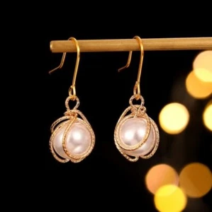 Unique Fire Flower Shape Natural Round Pearl Gems Gold Plated Dangle Earrings - Picture 1 of 5
