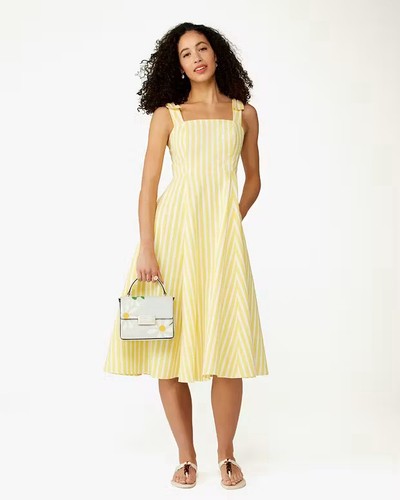 Abito midi Kate Spade New York cotone cestino righe aderente e svasato giallo taglia 12