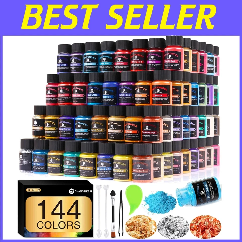Cosmetic-Grade Mica Powder Set - 144 Colors, 10g Each for Epoxy & Soap Making - Image 1 of 4