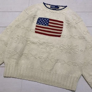 90s Polo Ralph Lauren Cotton Knit Sweater American Flag Nordic 3D Knit Size L - Picture 1 of 19