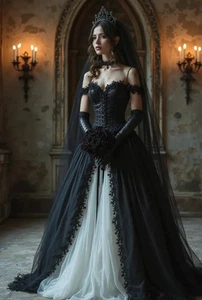 Ivory And Black Gothic Wedding Dress Bridal Gown Sweetheart Vintage Victorian - Picture 1 of 8