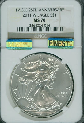 2011 W 25th ANN. SILVER EAGLE NGC MS70 MAC FINEST REGISTRY SPOTLESS * - Image 1 of 2
