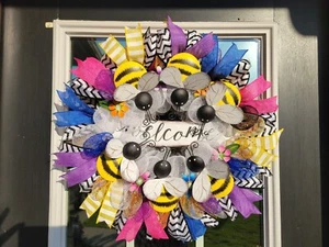 WELCOME bees Spring Summer Mesh Front Door Wreath Wall Decor big BRIGHT Beach - Picture 1 of 15