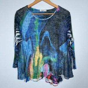 Jess & Jane Womens Tunic Top Sz L Open Knit Layered Lined Colorful Abstract Art - Picture 1 of 11