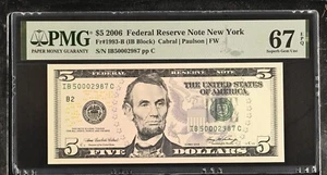 2006 $5 Federal Reserve Note Fr-1993-B New York PMG67 Superb Gem EPQ - Picture 1 of 2