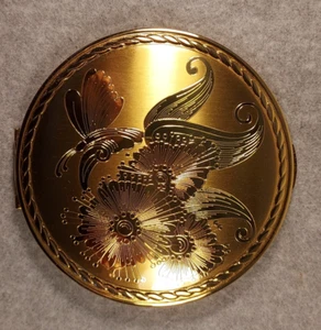 Polvo compacto vintage Elgin American grabado Art Deco tono dorado con espejo y soplo - Imagen 1 de 12