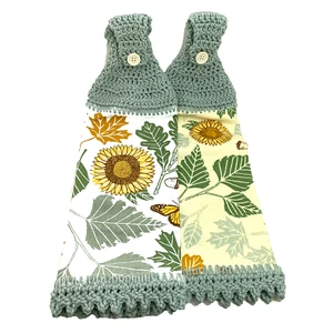 Sunflower Butterflies Hanging Kitchen Towel Set Crochet Botanical Sage Green - Picture 1 of 3