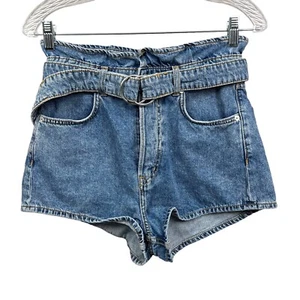 DIVIDED by H&M Womens Denim Jean Shorts Ruffled Belted Waist Button Fly Blue 4 - Picture 1 of 6