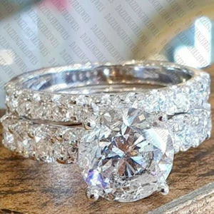 2.98 TCW Round Cut Moissanite Bridal Set Engagement Ring 14k White Gold Plated - Picture 1 of 8