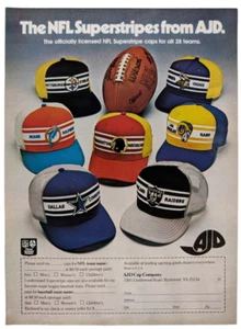 AJD NFL Football Nadelstreifen Hüte Kappen Retro Vintage 1977 Zeitdruck Werbung 8x11" - Bild 1 von 1