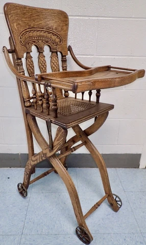 Ornate Antique Oak Child's High Chair And Stroller Carriage Combination Cover