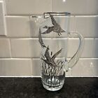 Vintage MCM Clear Glass Martini Pitcher w/ Silver Ducks Geese Pheasant Overlay