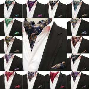 Men Paisley Floral Check Cravat Ascot Tie Matching Hanky Pocket Square Set - Picture 1 of 20