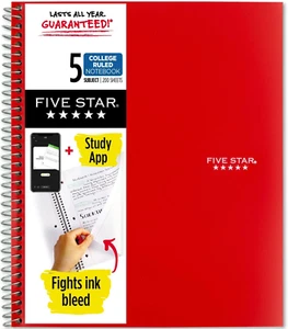 Five Star Spiral Notebook, 5-Subject, College Ruled Paper, 11 x 8-1/2, 200 Sheet - Picture 1 of 9