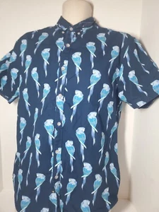 Denim & Flower Ricky Singh Blue Parrot Button Up Hawaiian Shirt Aloha Size Large - Picture 1 of 4