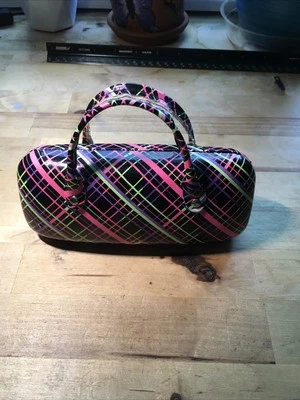 Kohls Eyeglasses Case Hard Shell with Handle Stripes Pink, Purple, Green. - Image 1 of 4