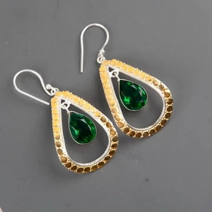 Green Emerald Gemstone Silver Earring 925 Sterling Silver Handmade Earring - Picture 1 of 6