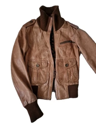 Brown leather jacket bomber biker size small Vintage y2k retro style racer car  - Image 1 of 4