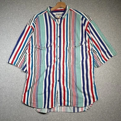 VTG Page 1 Stripe Shirt L White Red Blue Green Vertical 2 Pocket Cotton Casual - Image 1 of 4