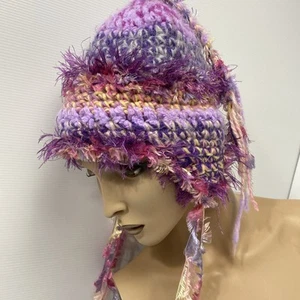 Knitted Beanie Lilac Purple Bohemian Gypsy Hippy Crochet Fringe Hat Ear Warmer - Picture 1 of 6