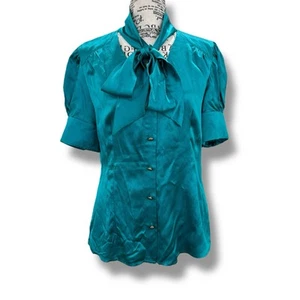 Banana Republic Größe M türkis 100 % Seide Kurzarm Schleife Bluse - Bild 1 von 6