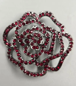 **Dazzling Ruby Red Rhinestone Crystal Silvertone Rose Flower Brooch Pin** - Picture 1 of 4