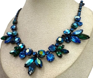 Vintage Regency AB Sapphire Blue & Emerald Green Rhinestones Bib Necklace - Picture 1 of 11