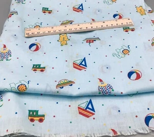 VTG NURSERY COTTON BLEND TRAINS CARS ELEPHANT TOYS Blue Bkgrnd Cotton BLND 1+ yd - Picture 1 of 1