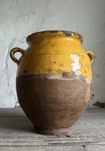 ANTIQUE FRENCH CONFIT POT. 19th Century. YELLOW GLAZE. 24cm High - Picture 1 of 14