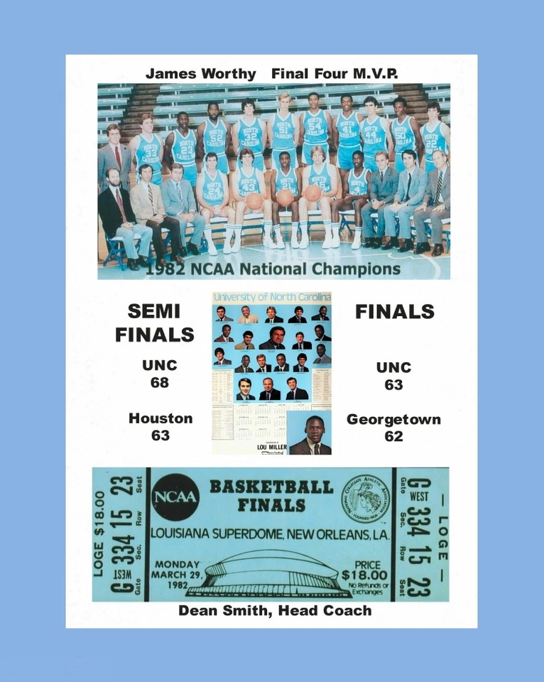 UNC TARHEELS 1982 NCAA CHAMPS MATTED COLLAGE OF TEAM, FINAL 4 TICKET & SCHEDULE - Image 1 of 1