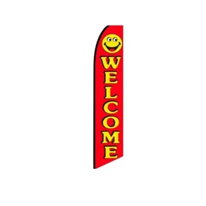 Willkommen rot gelb Smiley Swooper Flatterfeder Flagge | 3 Fuß breit x 11,5 Fuß hoch - Bild 1 von 3