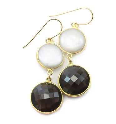 FW C White Button Pearl Smokey Quartz Earrings Double 14k Gold Filled Bezel 2 In - Image 1 of 2