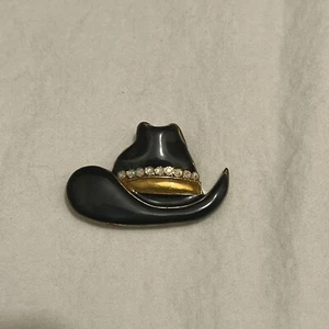 Cowboy Hat Pin w/ Rhinestones, Dark Green Enamel  and Gold  Cowgirl Sparkles - Picture 1 of 3