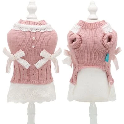 Pet Cat Puppy Princess Dress Warm Coat Dog Jumper Classic Knit Clothes Winter - Image 1 of 4