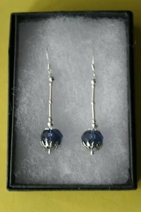 SILVER EARRINGS WITH FACETED CREATED SAPPHIRE 3.4 GR. 4 CM. LONG + 925 HOOKS - Picture 1 of 9