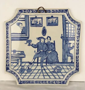 Vintage Guelders Delft SVPNT from the 4 rivers Wall Tile Man Woman Blue & White - Picture 1 of 12