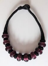 Tribal Style Purple Glass Bead And Black Cotton Necklace