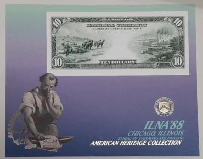 BEP Souvenir Card From ILNA 1988 in Chicago/Back of Series 1915 $10 FRBN  B 119 - Image 1 of 2