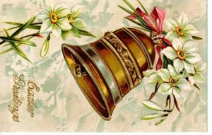 Cartolina d'epoca cartolina 1910 auguri pasquali una campana graziosa giglio bianco fiore arte - Foto 1 di 2