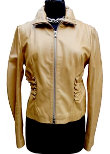 Neu ohne Etikett $ 375 BEBE Gelbgold Normcore Indie gerafftes Kalbsleder Mantel Jacke L - Bild 1 von 9