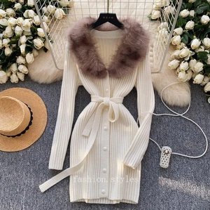 Mujeres Invierno Tejido Vestido Cuello en V Manga Larga Delgado Suéter Vestidos Ajustados Cuello de Piel - Imagen 1 de 18