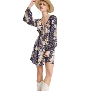 Free People Soli Mini Floral Night Combo Plunge V Neck Open Back Boho Size Med - Picture 1 of 14