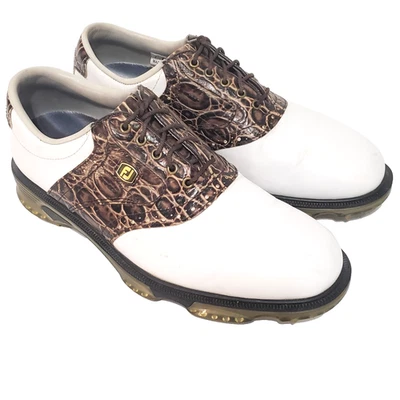 Footjoy FJ Dryjoys Tour 男式 7.5M 码高尔夫鞋 53754 白色棕色蜥蜴 — 第 1/4 张图片